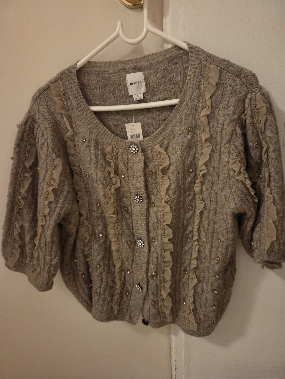 Maeve Short-sleeved Embellished Ruffled Cardigan Sweater - TAUPE - Picture 3 of 7